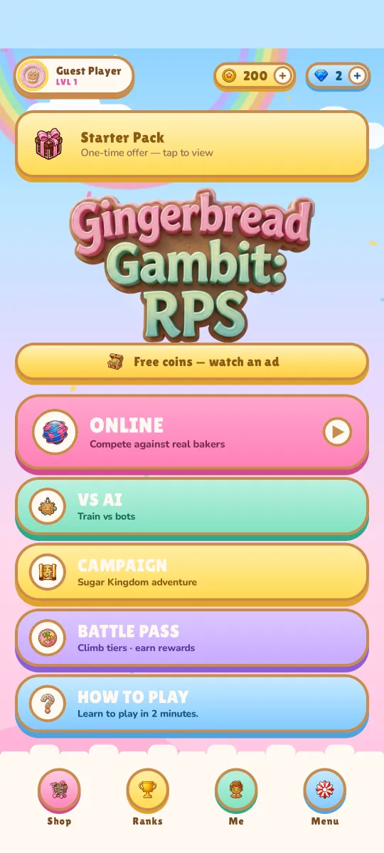 The main menu with every game mode